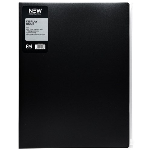 FM New Gen A4 Display Book 20 Pocket with Zip Pocket Gunmetal Black