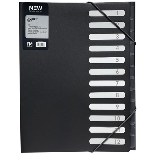 FM New Gen A4 File Divider 12 Tab Gunmetal Black