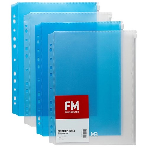 FM Vivid A4 Binder Pocket with Zipper Lock Pack 4 Assorted Colours