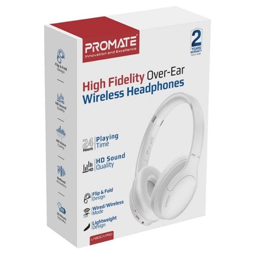 Promate High-Fidelity Stereo Deep Base Bluetooth Wireless Headphones White