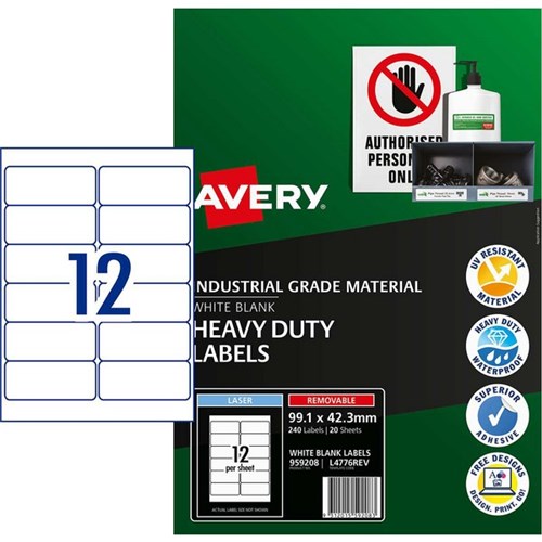 Avery Weather Resistant Removable Labels L4776 White, Pack of 20 Sheets