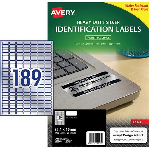 Avery Heavy Duty ID Laser Labels L6008 Silver, Pack of 20 Sheets