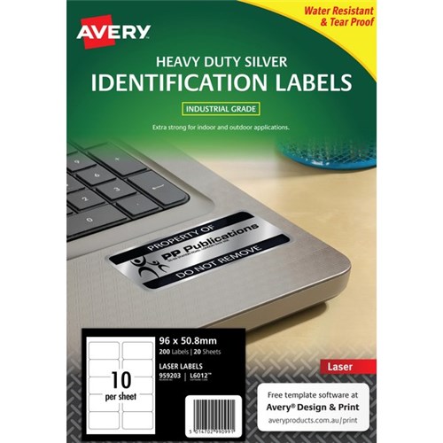 Avery Heavy Duty ID Laser Labels L6012 Silver, Pack of 20 Sheets
