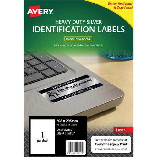 Avery Heavy Duty ID Laser Labels L6013 Silver, Pack of 20 Sheets