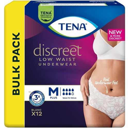 TENA Discreet Plus Low Waist Blanc Continence Pants Women's Medium, Carton of 2 Packs of 12 White