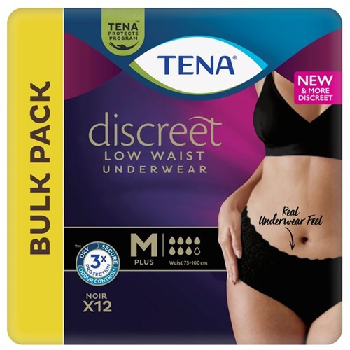 TENA Discreet Plus Low Waist Noir Continence Pants Women's Medium, Carton of 2 Packs of 12 Black