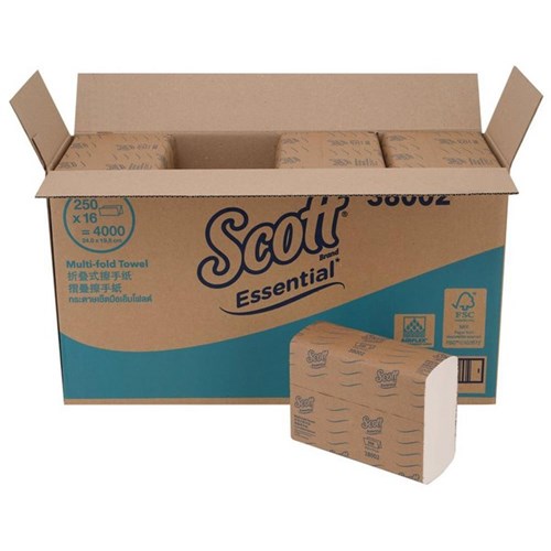 Scott 38002 Essential Paper Towels Multifold 1 Ply  White, Carton of 16 Packs