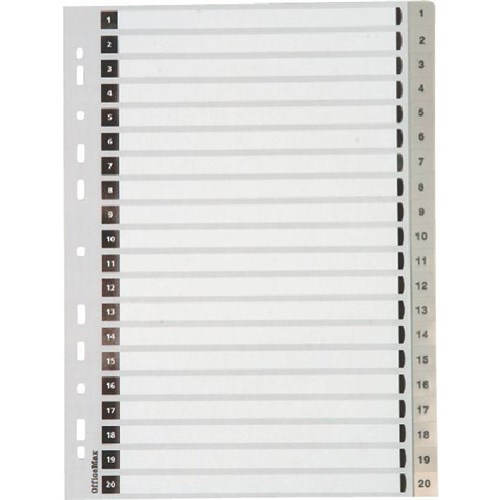 OfficeMax Index Dividers 20 Tab 1-20 A4 Polypropylene Grey