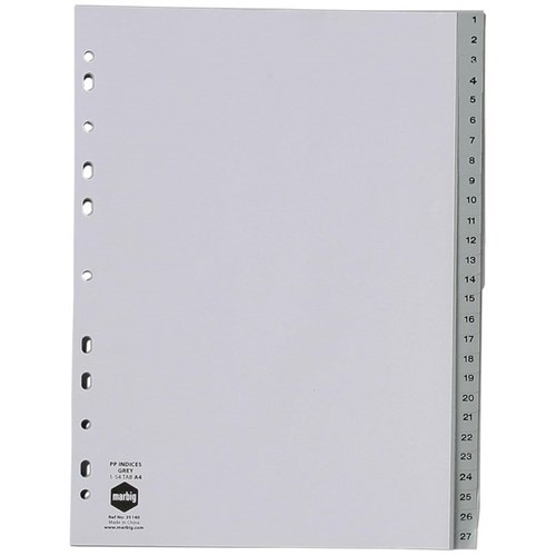 Marbig Index Dividers 54 Tab 1-54 Numerical A4 Polypropylene Grey