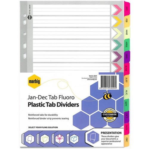 Marbig Index Dividers 12 Tab Jan-Dec A4 Manilla/Plastic Fluoro Colours