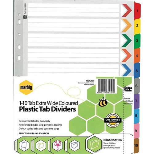 Marbig Index Dividers 10 Tab 1-10 Extra Wide A4 Cardboard/Plastic Coloured