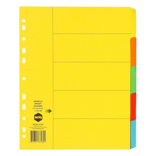 Marbig Index Dividers 5 Tab Extra Wide A4 Manilla Bright Colours