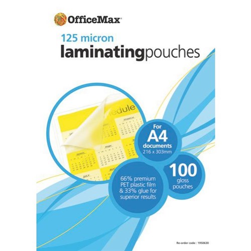 OfficeMax A4 Laminating Pouches Gloss 125 Micron, Pack of 100