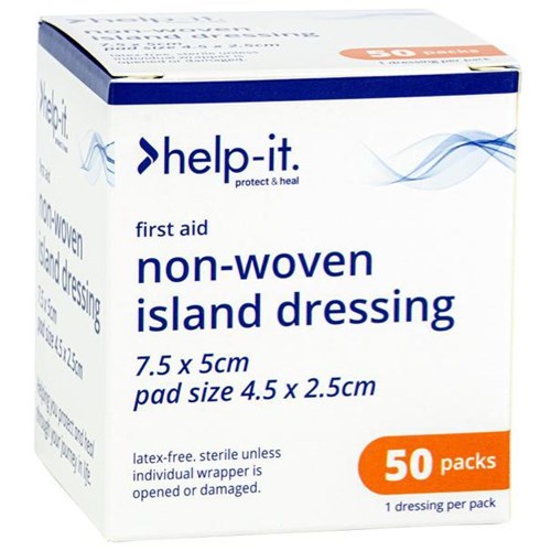 Help-It First Aid Island Adhesive Dressing 75x50mm, Box of 50