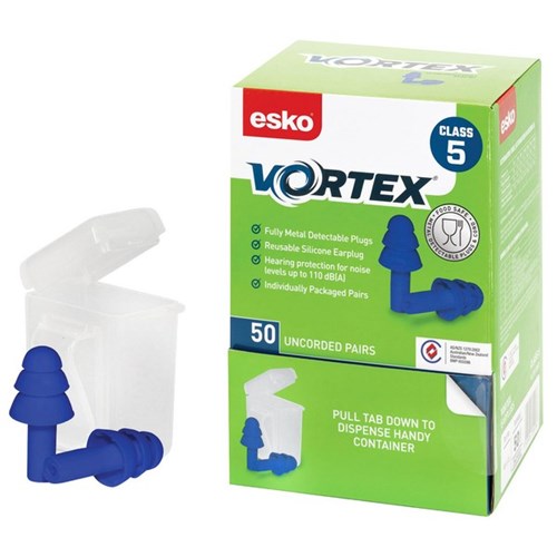 Esko Vortex RE50-BU Reusable Earplugs Class 5 Uncorded, Box of 50 pairs