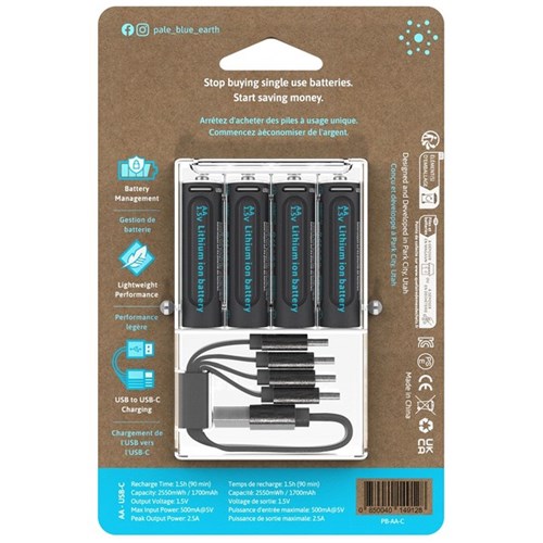 Pale Blue AAA USB-C Rechargeable Batteries, Pack of 4