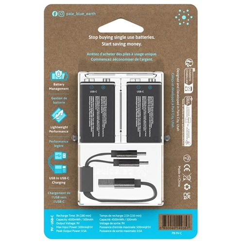 Pale Blue 9v USB-C Rechargeable Batteries, Pack of 2