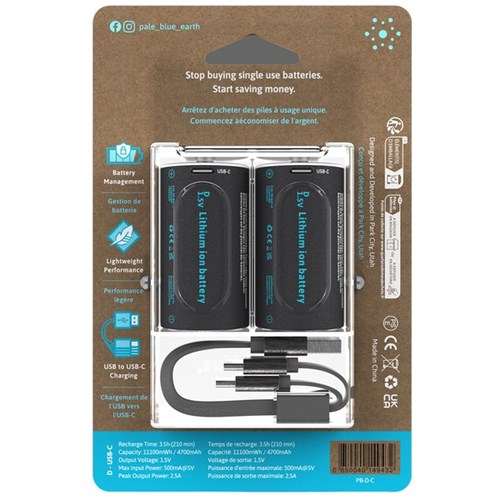 Pale Blue D-cell Micro USB-C Rechargeable Batteries, Pack of 2