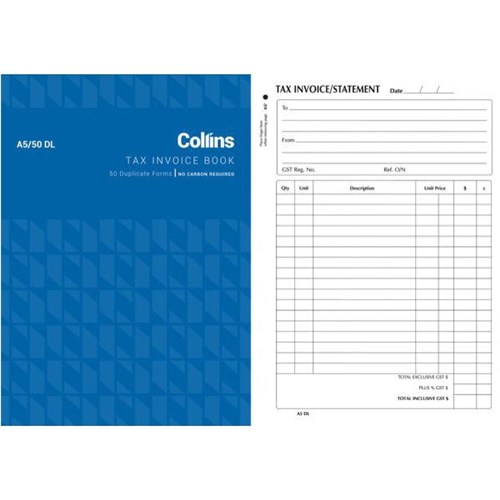 Collins A5/50DL Tax Invoice Book NCR Duplicate Set of 50
