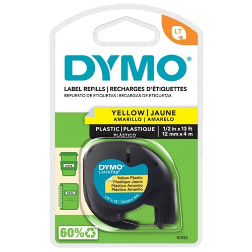 Dymo Labelling Tape Cassette LetraTag Plastic 91332 12mm x 4m Black on Yellow