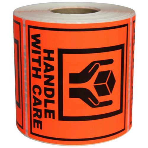 Shipping Paper Label Handle With Care 99x99mm Black on Red, Roll of 500