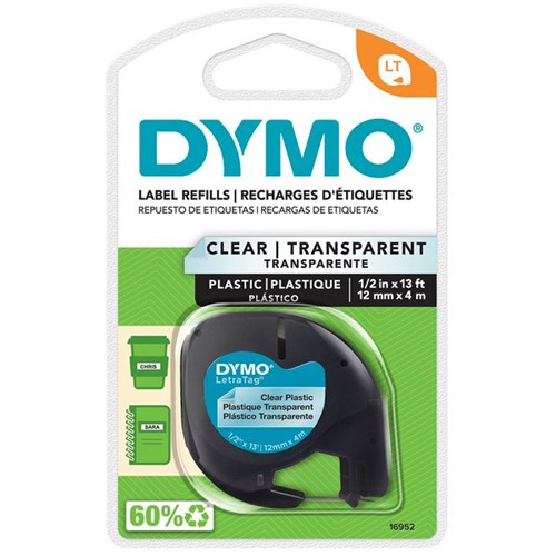 Dymo Labelling Tape Cassette LetraTag Plastic 16952 12mm x 4m Black on Clear