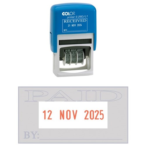 Colop S260L2 Self-Inking Dater Stamp Date & PAID 45x24mm Red