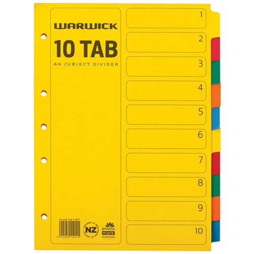 Warwick Student Index Dividers 10 Tab A4 Cardboard Coloured