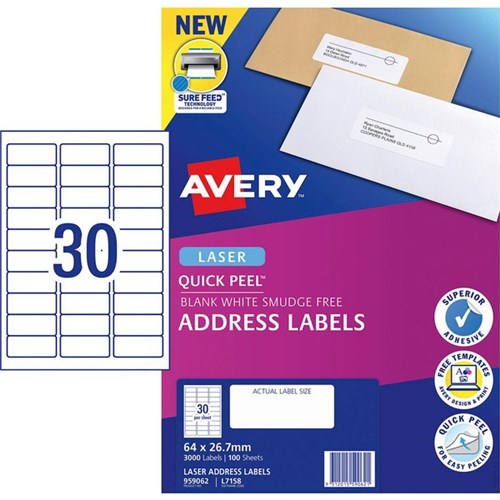 Avery Quick Peel Address Laser Labels L7158 White 30 Per Sheet 100 Sheets