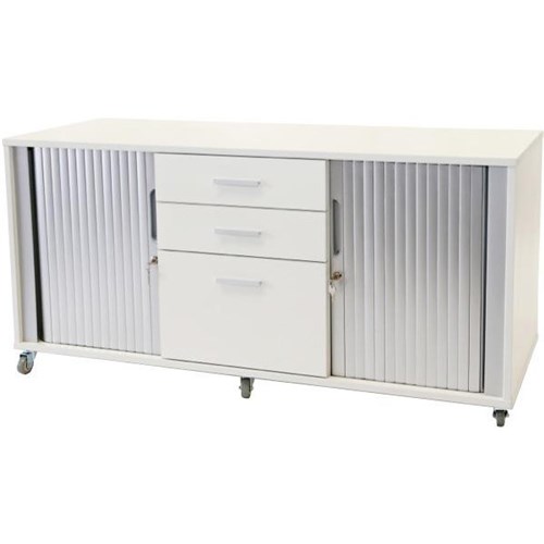 Caddy Unit 2 Sliding Door 3 Drawers Centre Snowdrift with Silver Doors