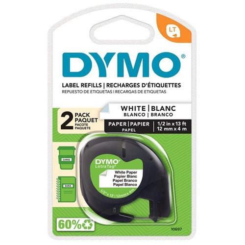 Dymo Labelling Tape Cassette LetraTag Paper 10697 12mm x 4m Black on White, Pack of 2