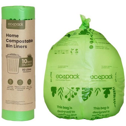Ecopack Home Compostable Bin Liners 80L, Roll of 10