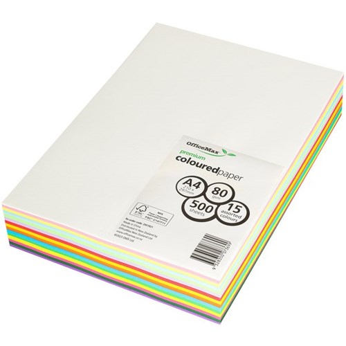OfficeMax A4 80gsm 15 Assorted Colours Premium Coloured Copy Paper, Pack of 500