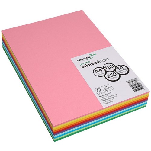 OfficeMax A4 160gsm 10 Assorted Colours Premium Coloured Copy Paper, Pack of 250