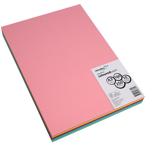 OfficeMax A3 160gsm 10 Assorted Colours Premium Copy Paper, Pack of 250