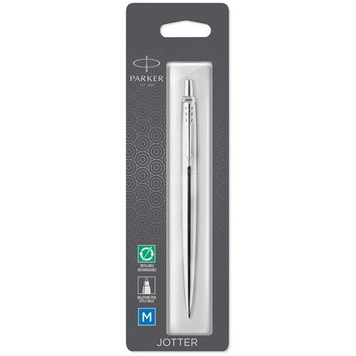 Parker Jotter Blue Ink Ballpoint Pen 1.0mm Medium Tip Chrome/Stainless Steel Barrel