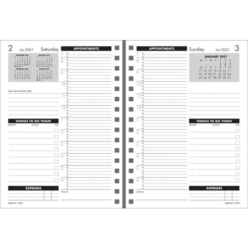 Collins MDA51A 1/4 Hour Time Manager Refill A5 1 Day Per Page 2027 Black