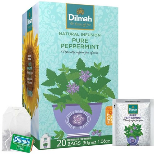 Dilmah Pure Peppermint Tea Individually Foil Wrapped Tea Bags, Box of 20