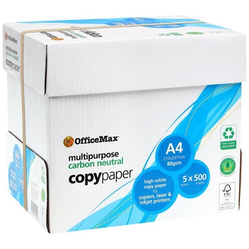 OfficeMax A4 80gsm Carbon Neutral White Copy Paper Recyclable Wrapper, 5 Ream of 500