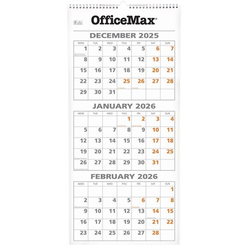 OfficeMax Wall Calendar 3 Months To View 290x620mm 2026
