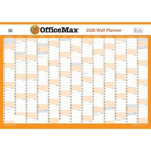 OfficeMax Dated Year Wall Planner  Double Sided Unlaminated 990x700mm 2026