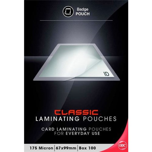 GBC Badge & Card Laminating Pouches 67x99mm 175 Micron, Pack of 100