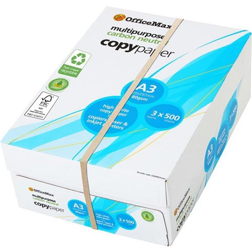 OfficeMax A3 80gsm Carbon Neutral White Copy Paper Recyclable Wrapper, 3 Reams of 500