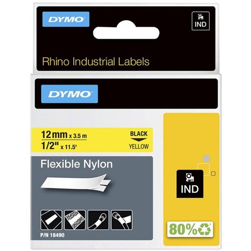Dymo Labelling Tape Rhino Industrial Flexible Nylon 12mm x 3.5m Black on Yellow