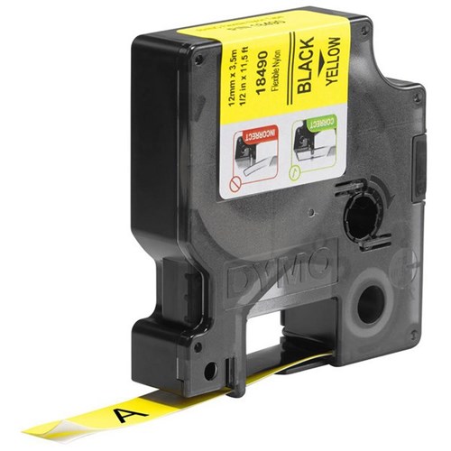 Dymo Labelling Tape Rhino Industrial Flexible Nylon 12mm x 3.5m Black on Yellow