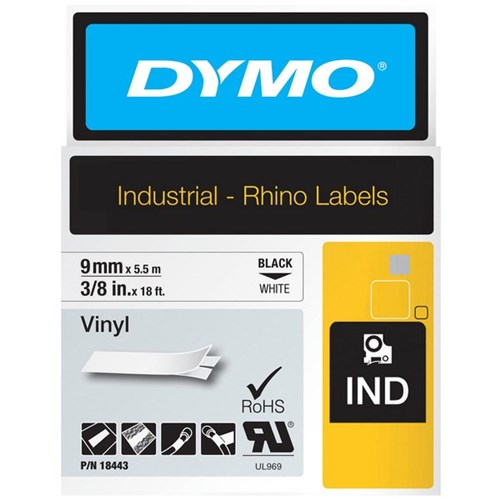 Dymo Labelling Tape Rhino Industrial Vinyl 9mm x 5.5m Black on White