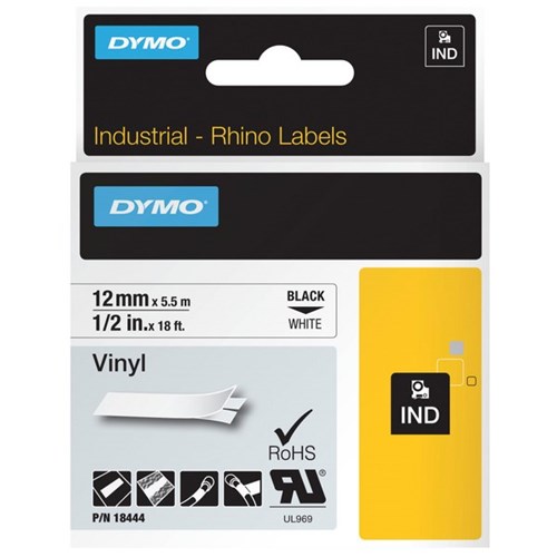 Dymo Labelling Tape Rhino Industrial Vinyl 12mm x 5.5m Black on White