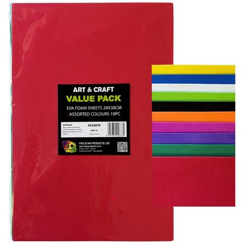 EVA Foam Sheets Assorted Colours 20x30cm, Pack of 10