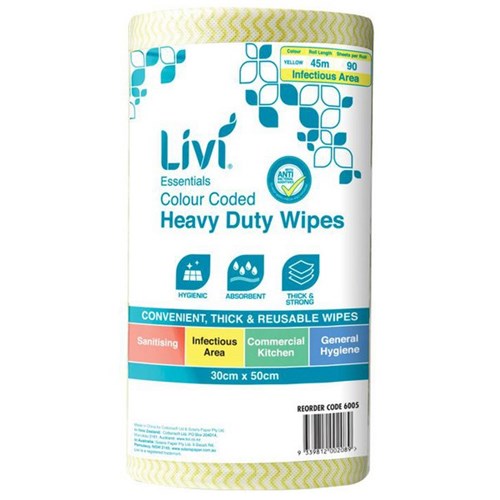 Livi Wipes Roll Yellow Antibacterial 300 x 500mm, Roll of 90 Sheets