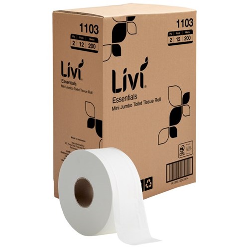 Livi Essentials Mini Jumbo Toilet Paper 2 Ply 200m, Carton of 12 Rolls